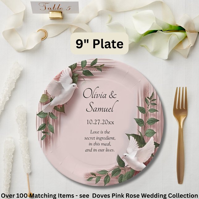 Plato De Papel Names Date Message Pink Roses & Doves Wedding 9" (Subido por el creador)