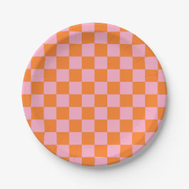 Plato De Papel Naranja a cuadros y rosa