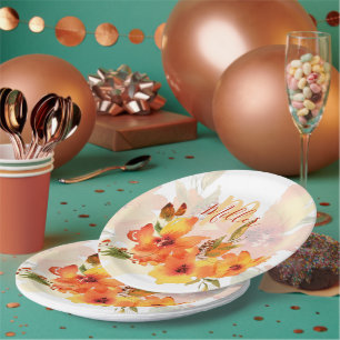 Plato De Papel Naranja acuarela otoño floral personalizado