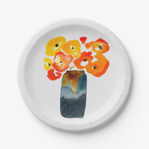 Plato De Papel Naranja acuarela y adornos rojos