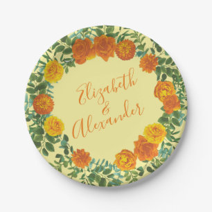 Plato De Papel Naranja amarillo Boda Rosas florales
