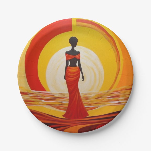 Plato De Papel Naranja amarillo caliente pintura de mujer african (Anverso)