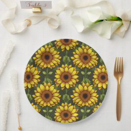 Plato De Papel Naranja amarillo girasol con verde y marrón