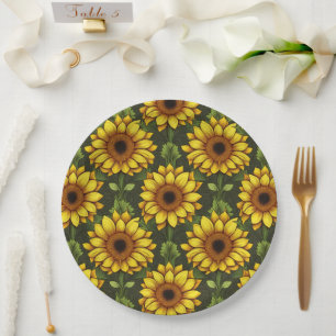 Plato De Papel Naranja amarillo girasol con verde y marrón