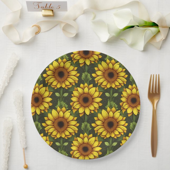 Plato De Papel Naranja amarillo girasol con verde y marrón (Boda)