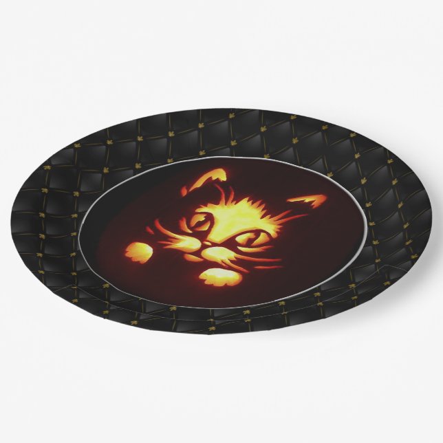 Plato De Papel Naranja amarillo negro brillante gato de Halloween (Angular)