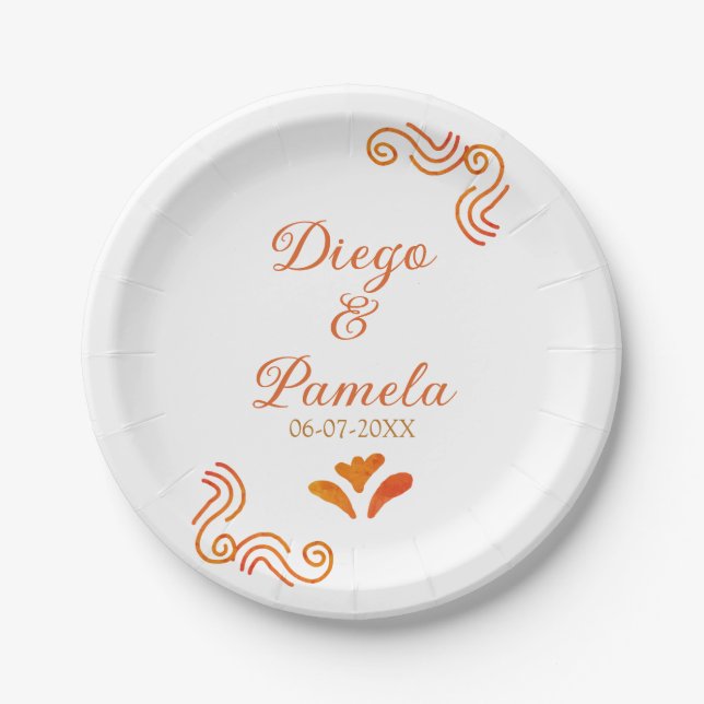Plato De Papel naranja amarillo rústico pareja de novios españole (Anverso)