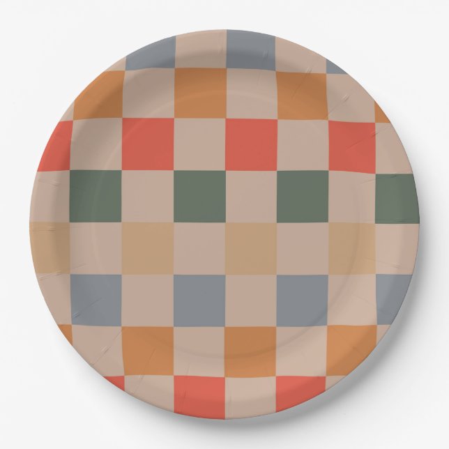 Plato De Papel Naranja azul beige Brown Checkered Gingham Pattern (Anverso)