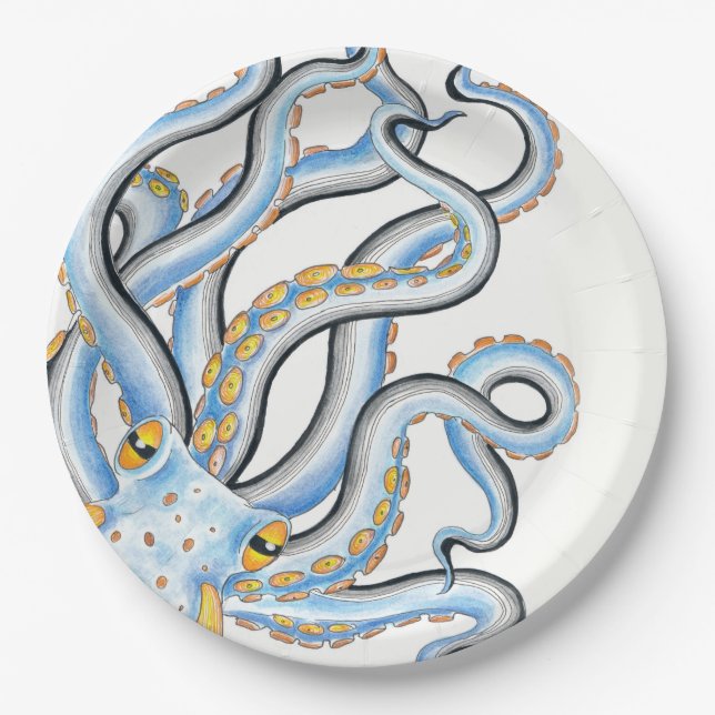 Plato De Papel Naranja azul de tinta de pulpo humorado (Anverso)