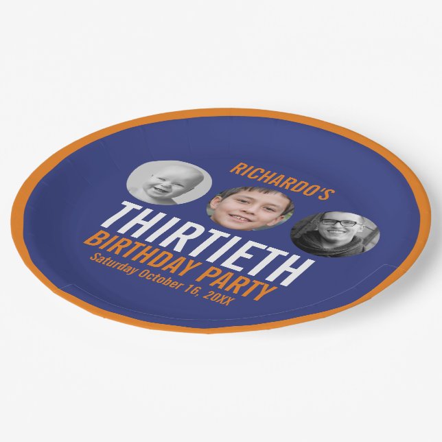 Plato De Papel Naranja azul oscuro 300º 3 fotos cumpleaños (Angular)