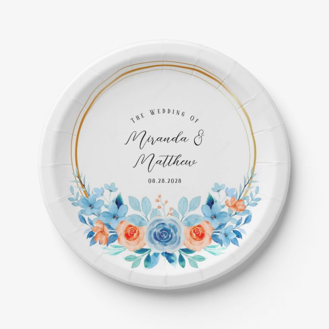 Plato De Papel Naranja azul primavera  azul Florals Boda de oro (Anverso)