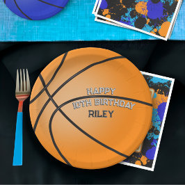 Plato De Papel Naranja Baloncesto Feliz cumpleaños
