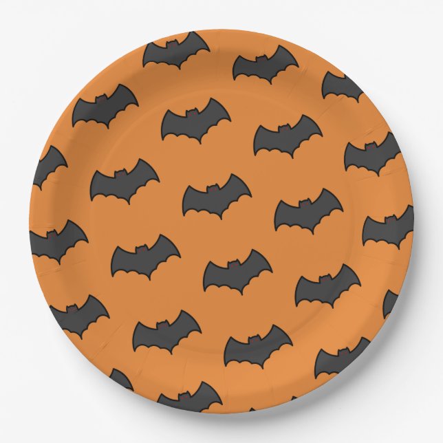 Plato De Papel Naranja Black Bat Pattern Halloween Party (Anverso)