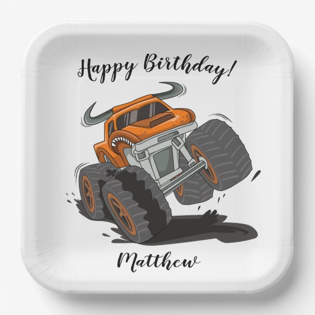 Plato De Papel Naranja Black Boys Monster Truck Nombre cumpleaños (Anverso)