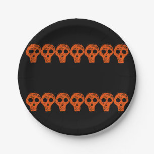 Plato De Papel Naranja Black Halloween Skulls 4Luke