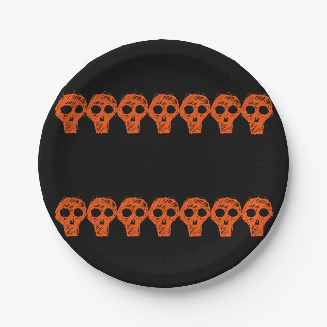 Plato De Papel Naranja Black Halloween Skulls 4Luke (Anverso)