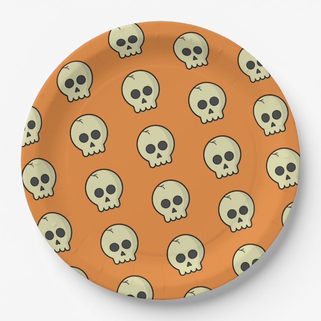 Plato De Papel Naranja Black Skull Pattern Halloween Party (Anverso)
