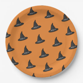 Plato De Papel Naranja Black Witch Gorra Pattern Halloween Party