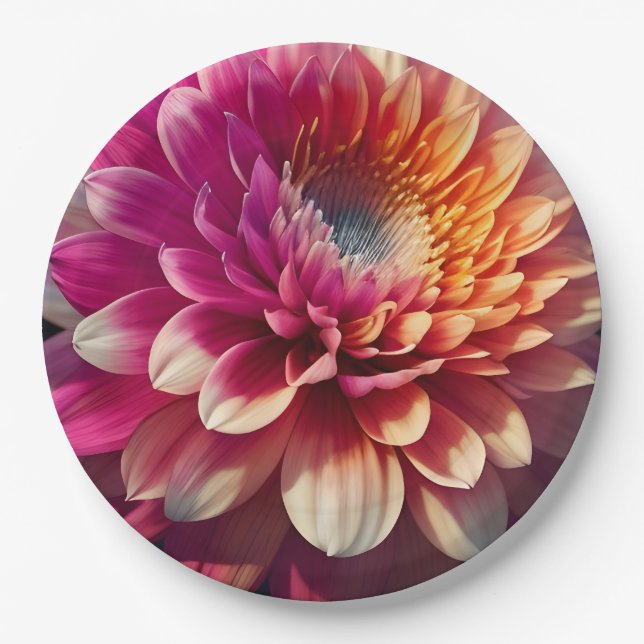 Plato De Papel Naranja blanco amarillo rosa morado azul dahlia fl (Anverso)