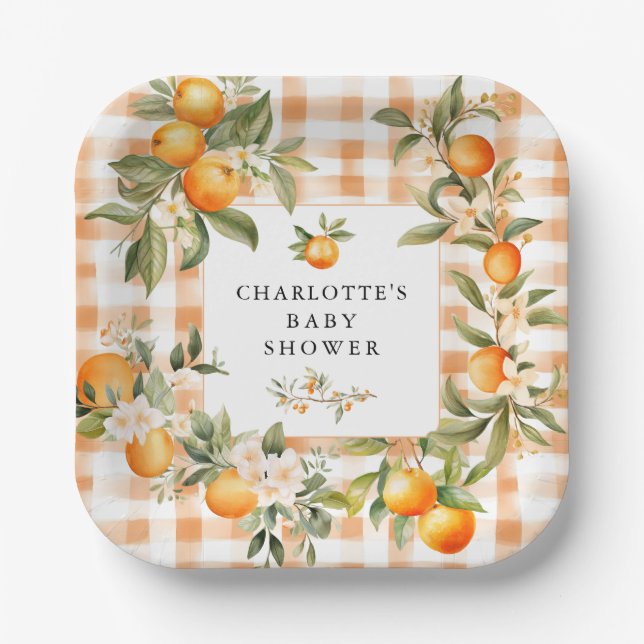 Plato De Papel Naranja Blossom Bliss Little Cutie Baby Shower (Anverso)