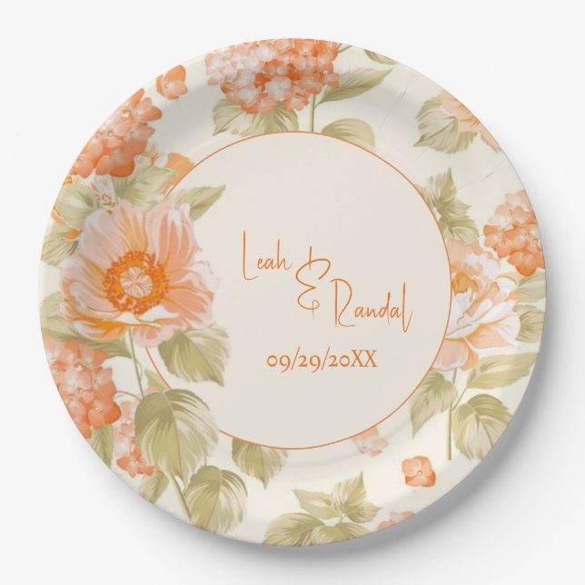 Plato De Papel Naranja Boda Floral (Anverso)