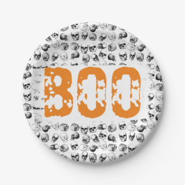 Plato De Papel Naranja Boo Halloween Spooky Skull Pattern
