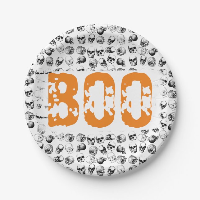 Plato De Papel Naranja Boo Halloween Spooky Skull Pattern (Anverso)