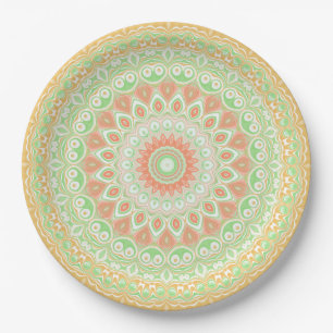 Plato De Papel Naranja brillante y Kaleidoscopio Verano Verde