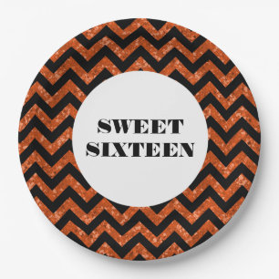 Plato De Papel Naranja Chevron Purpurina Sweet 16 Placas de papel