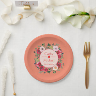 Plato De Papel Naranja círculo floral corona boda chino moderno
