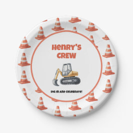 Plato De Papel Naranja Cone Construcción Digger Nombre Niño Cumpl