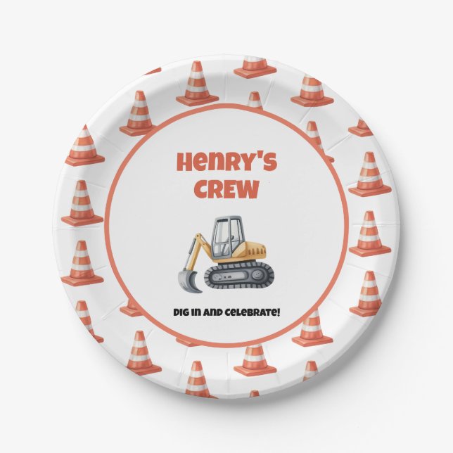 Plato De Papel Naranja Cone Construcción Digger Nombre Niño Cumpl (Anverso)