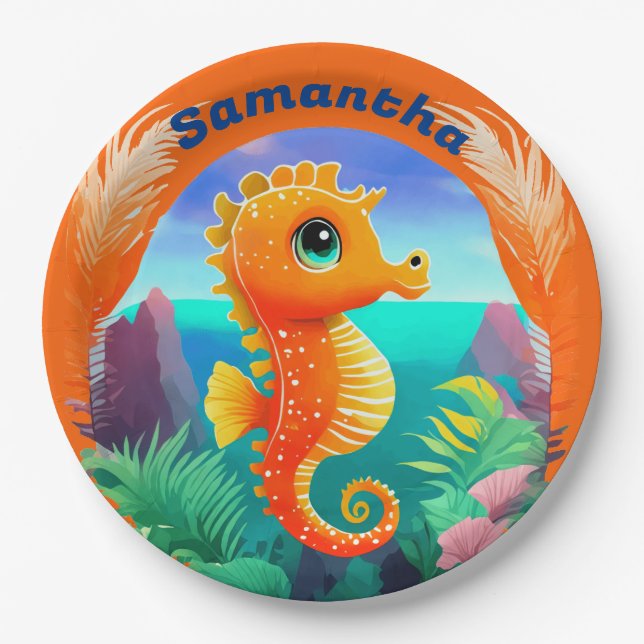 Plato De Papel Naranja Cute Seahorse estilo Personalizado (Anverso)