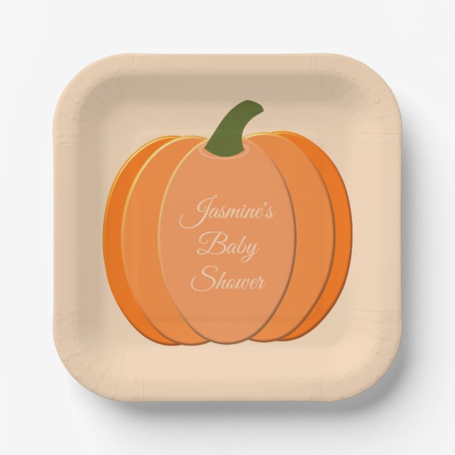Plato De Papel Naranja Cuto Género Neutral Calabaza Baby Shower (Anverso)