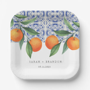 Plato De Papel Naranja de acuarela Baldosas azules Boda mediterrá