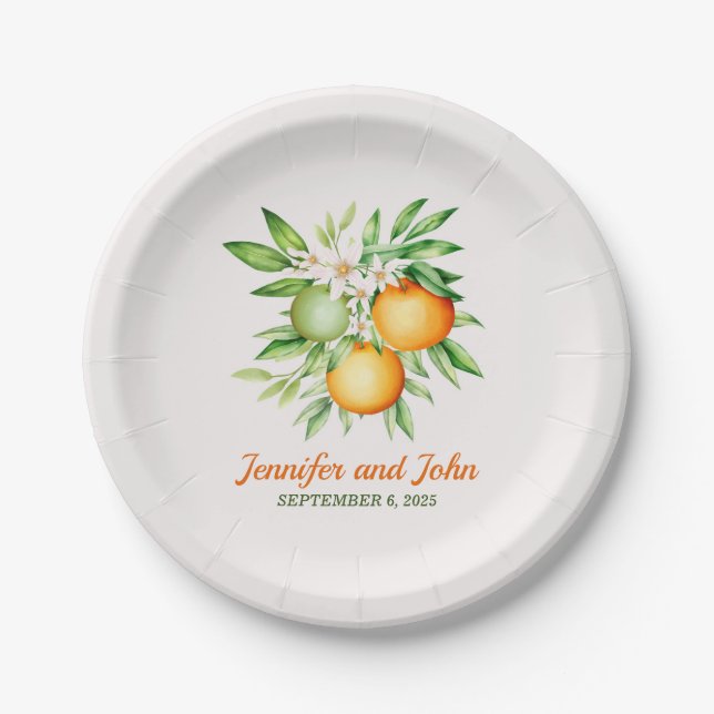 Plato De Papel Naranja de acuarela Boda botánico de fruta (Anverso)