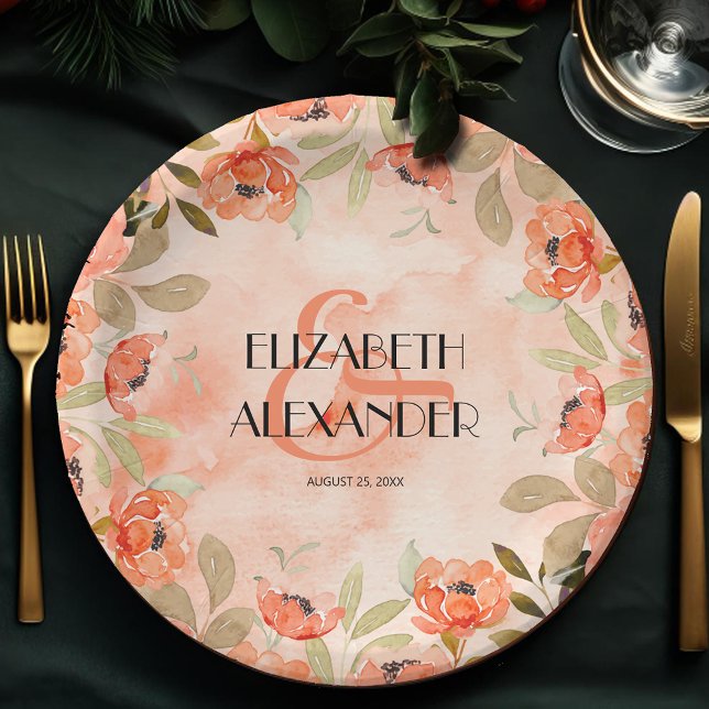 Plato De Papel Naranja de acuarela Flores Ducha de novia (Watercolor Orange Flowers 
Paper Plates)