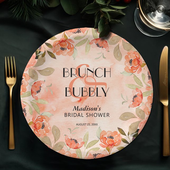 Plato De Papel Naranja de acuarela Flores Ducha de novia (Brunch and Bubbly orange floral personalized bridal shower paper plates)