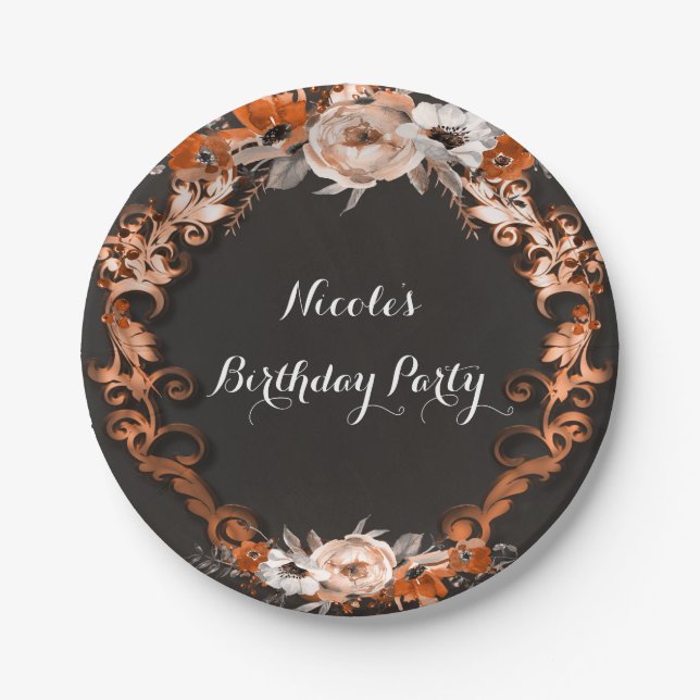 Plato De Papel Naranja De Boda De Otoño Flores Florales Elegantes (Anverso)