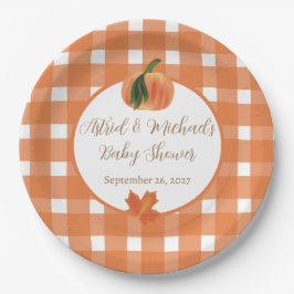 Plato De Papel Naranja de calabaza Gingham Fall Baby Shower