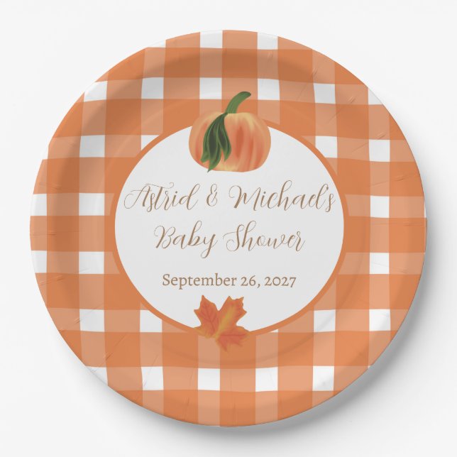 Plato De Papel Naranja de calabaza Gingham Fall Baby Shower (Anverso)