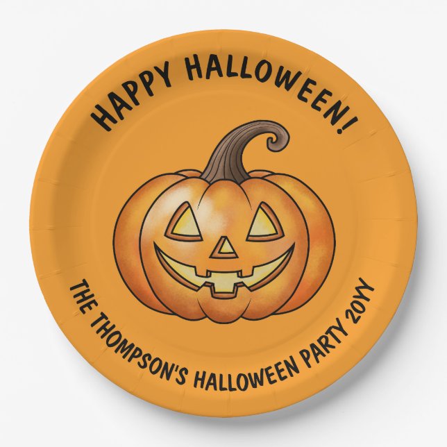 Plato De Papel Naranja de calabaza Personalizado feliz Halloween (Anverso)
