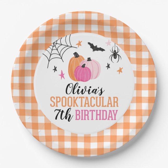 Plato De Papel Naranja de calabazas rosadas de Halloween Ropa de  (Anverso)