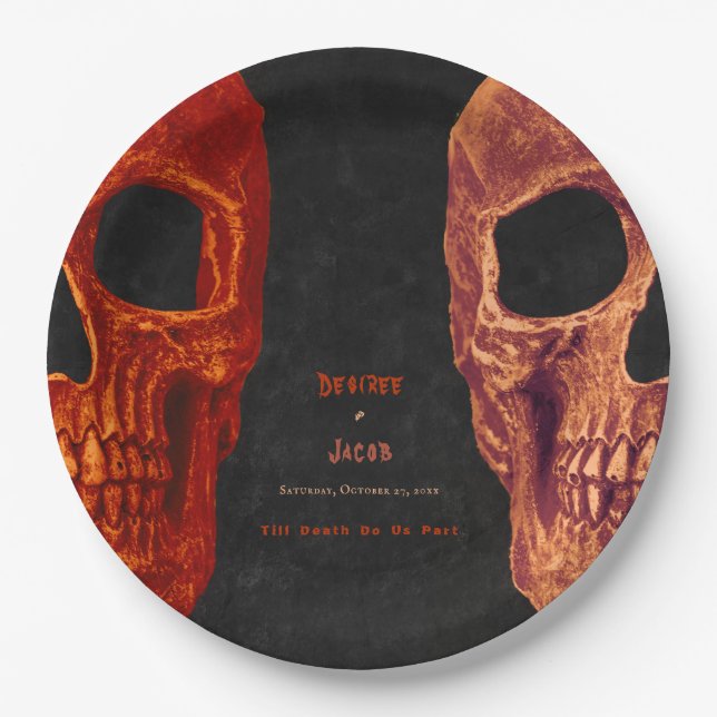 Plato De Papel Naranja de cráneo gótico Halloween negro (Anverso)