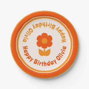 Plato De Papel Naranja de cumpleaños feliz con flores de los años