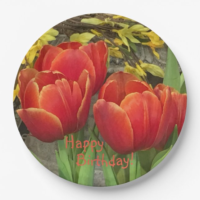 Plato De Papel Naranja de cumpleaños Red Tulips (Anverso)