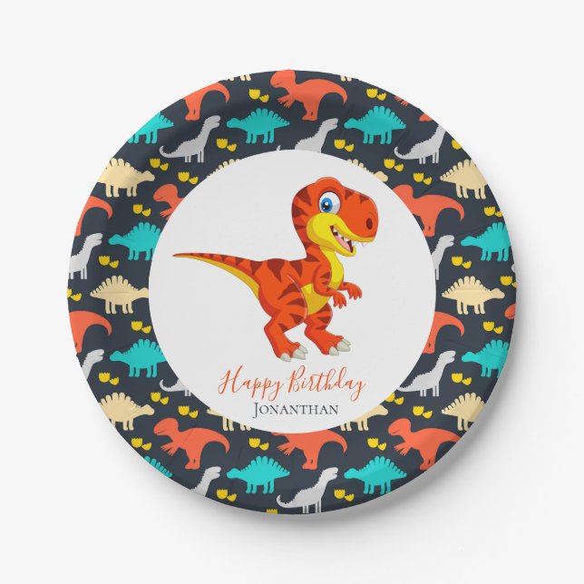 Plato De Papel Naranja de dinosaurios T Rex Fiesta (Anverso)