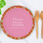 Plato De Papel Naranja de flores de los años 60 Personalizado de<br><div class="desc">Placas de papel de Naranja Groovy Retro 60 de flores y Personalizado de ducha de novia rosa</div>