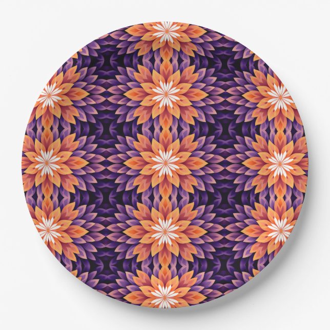 Plato De Papel Naranja de flores morado y blanco (Anverso)