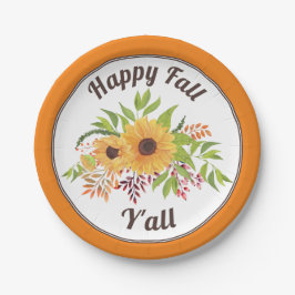 Plato De Papel Naranja de girasoles acuarelas Feliz otoño